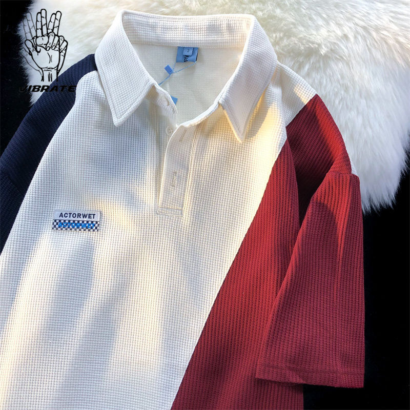 カレッジスタイルスプライシング風半袖シャツ