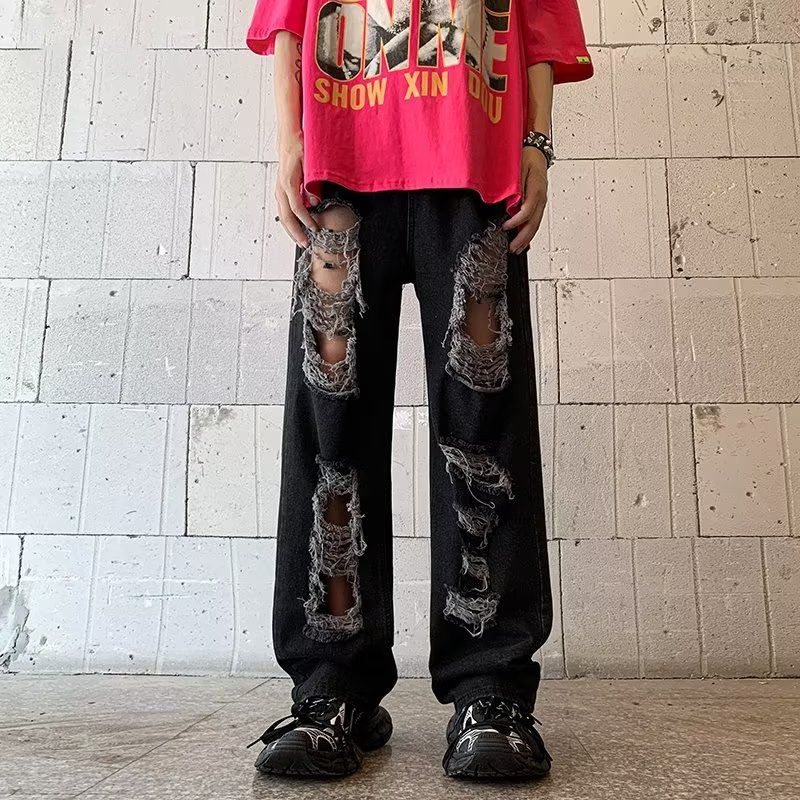 アメリカンハイストリートスタイル カジュアル ダメージデニムパンツ