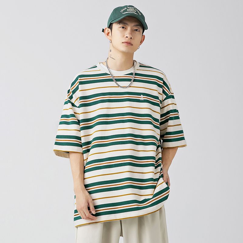 レトロ コントラストカラー ボーダー柄 半袖シャツ