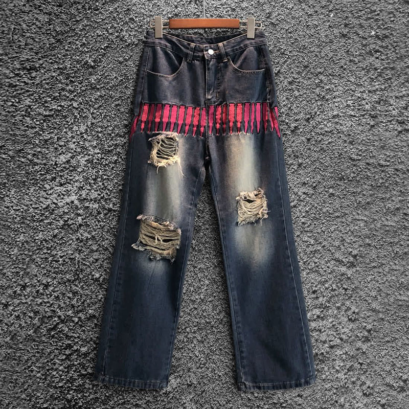 ユニークなデザイン 弾丸刺繍 ダメージデニムパンツ