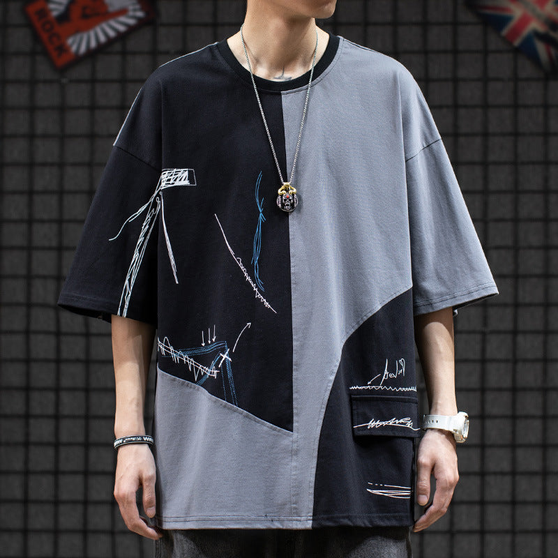 香港スタイル ヒップホップ スプライシング風 半袖シャツ Tシャツ