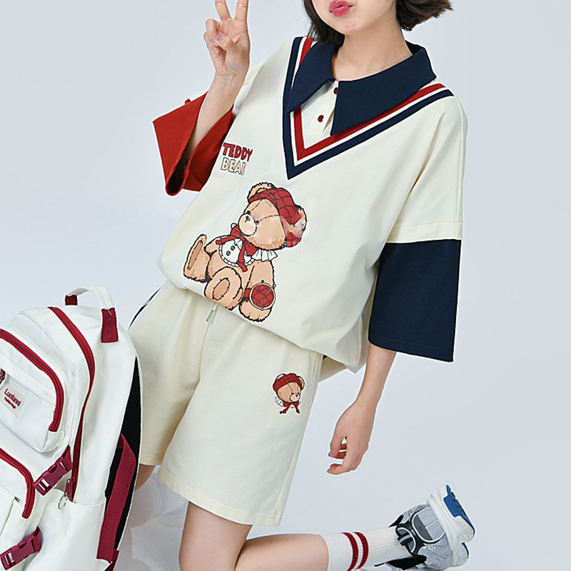 INS大人气 カレッジスタイル コントラストカラー かわいいクマ スーツ