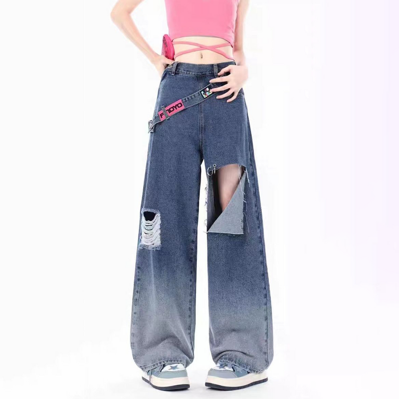 小衆の設計 レトロ 韓国ファッション ワイドパンツ ダメージデニムパンツ