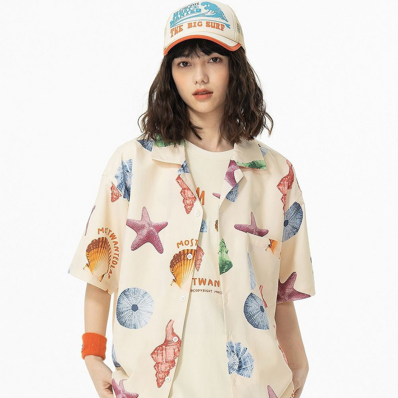 INS大人气 ハワイのビーチ シェルプリント 半袖シャツ