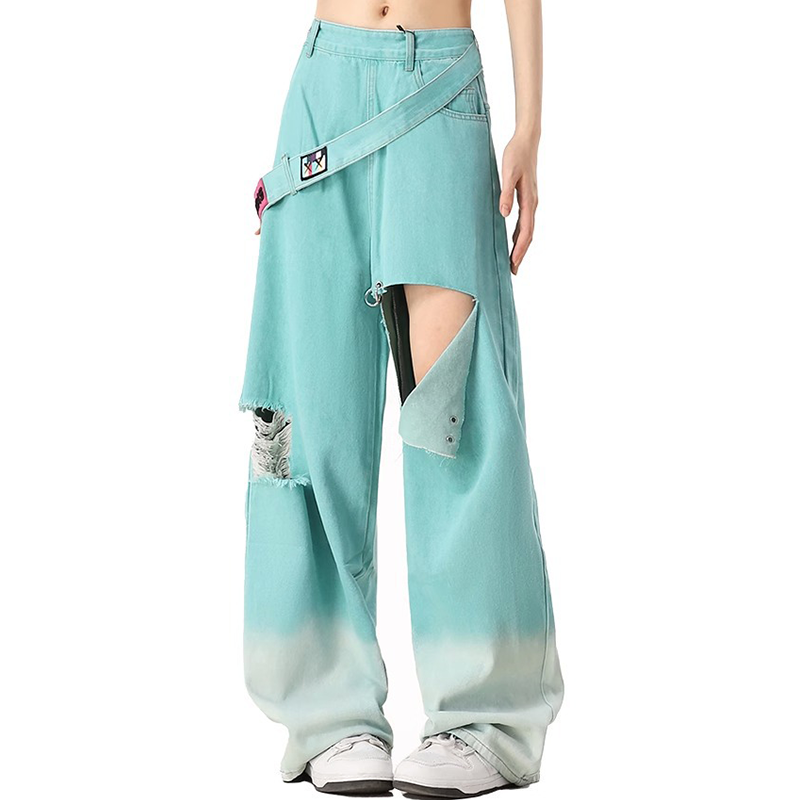 ユニークなデザイン トレンドブランド ハイウエスト ダメージデニムパンツ