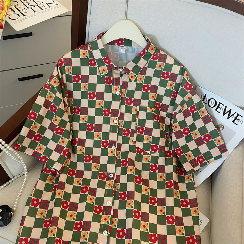 アメリカンスタイル レトロ チェック柄 小さな花 半袖シャツ