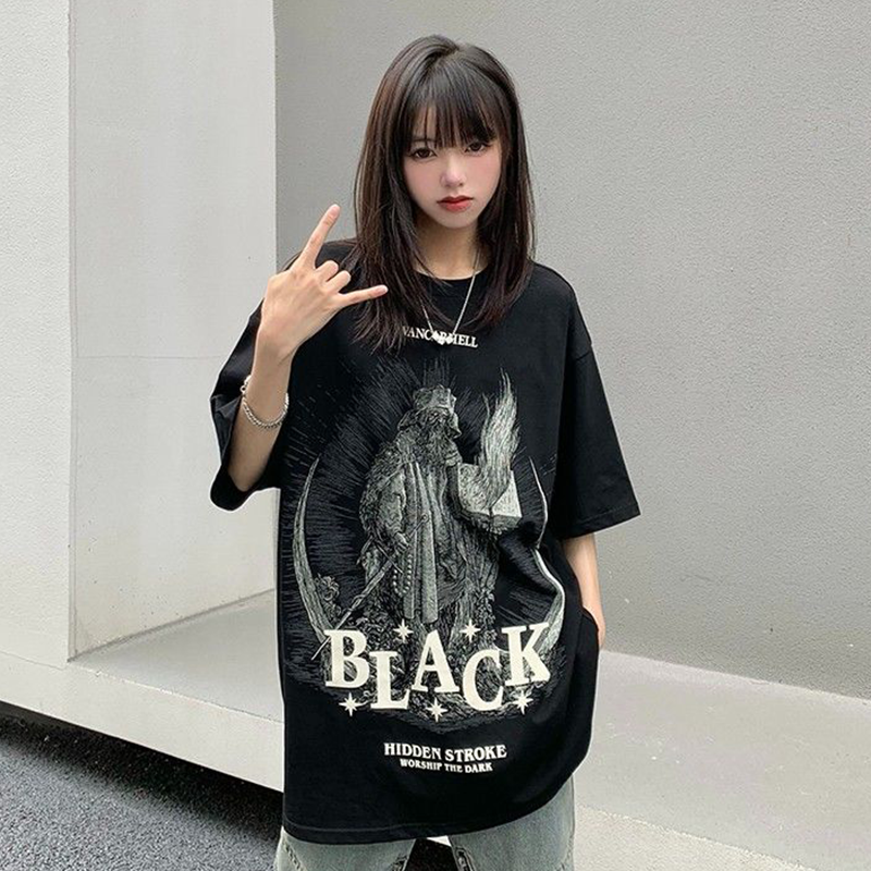 BLACK  純粋な綿素材  カジュアル アメリカンスタイル  半袖シャツ