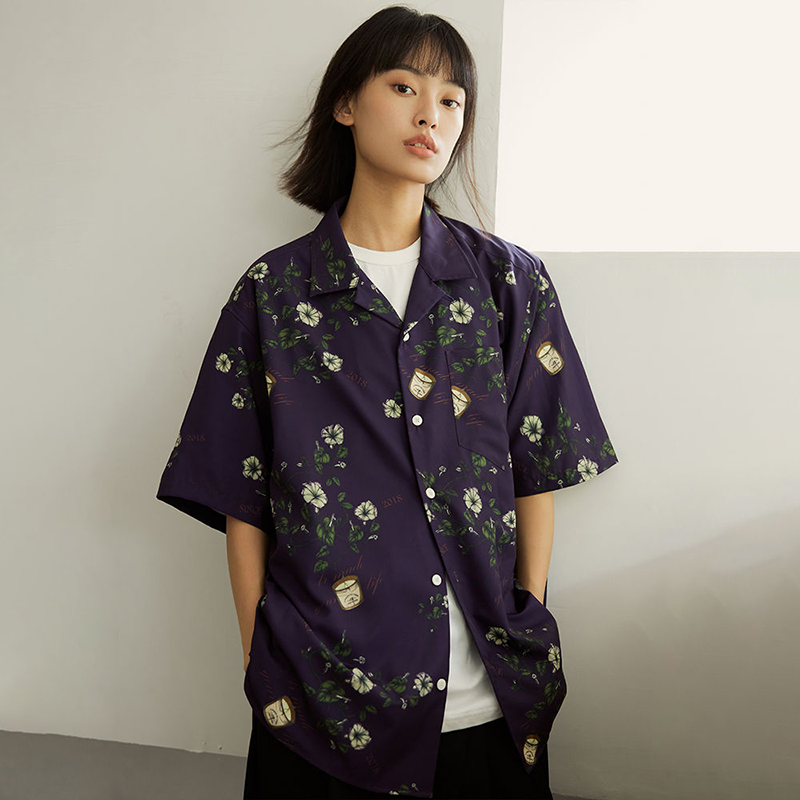 ユニークなデザイン 朝顔プリント柄 カジュアル 半袖シャツ