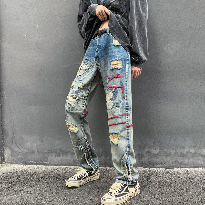 ユニークなデザイン 超カッコイイ 赤い糸の刺繍 ダメージデニムパンツ