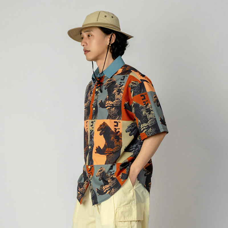 超カッコイイ 巨獣プリント カジュアル 半袖シャツ