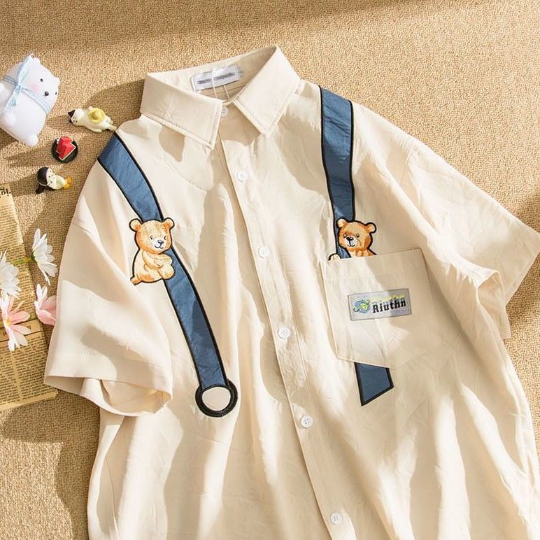 INS クマのモチーフの刺繍 カジュアル 半袖シャツ