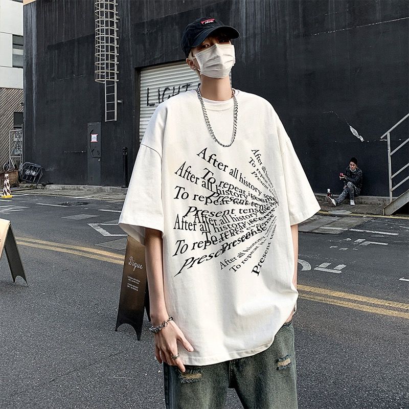 純粋な綿素材 ユニークなデザイン 英語プリント カジュアル 半袖シャツ