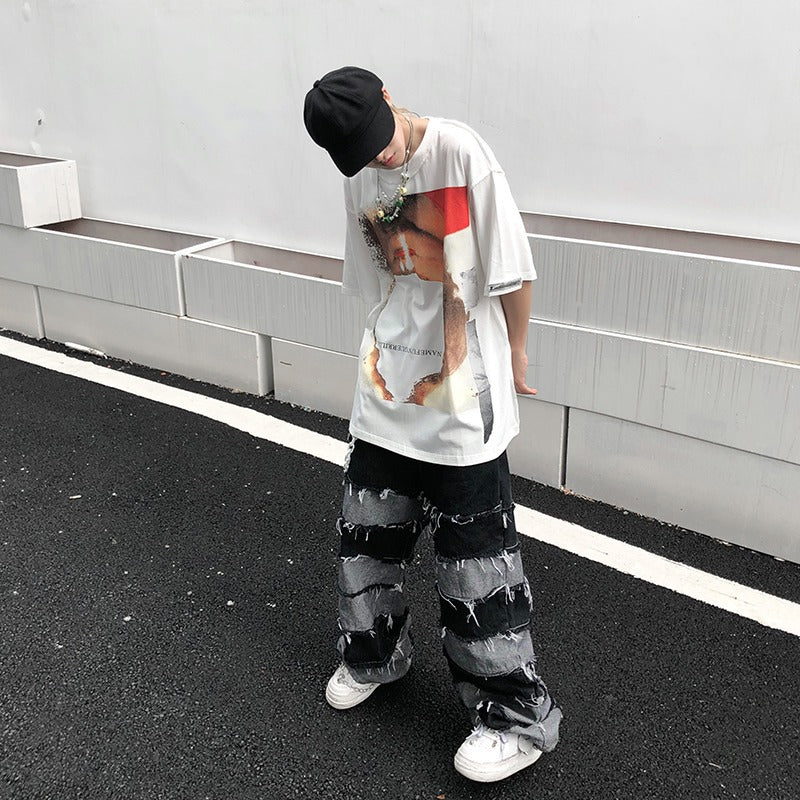 タッセル INS スプライシング風 ルーズフィットデザイン ジーンズ