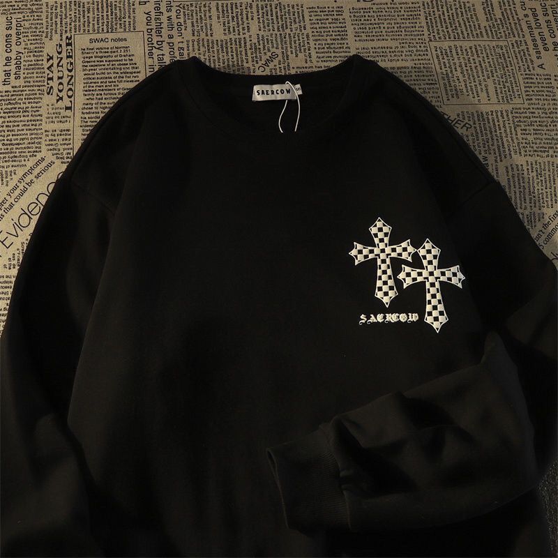 ユニークなデザイン チェック柄 欧米 ファッション 长袖Tシャツ