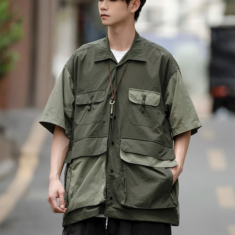 INS大人气 機能性 マルチポケット コントラストカラー ファッション 半袖シャツ