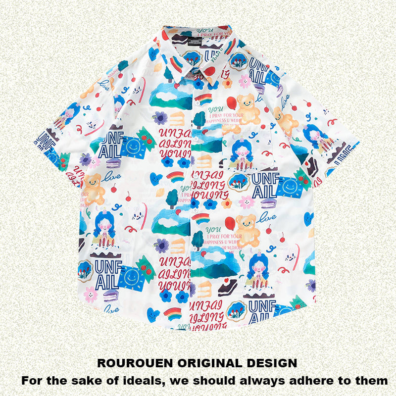 INS大人气 かわいい漫画風のプリント カジュアル 半袖シャツ