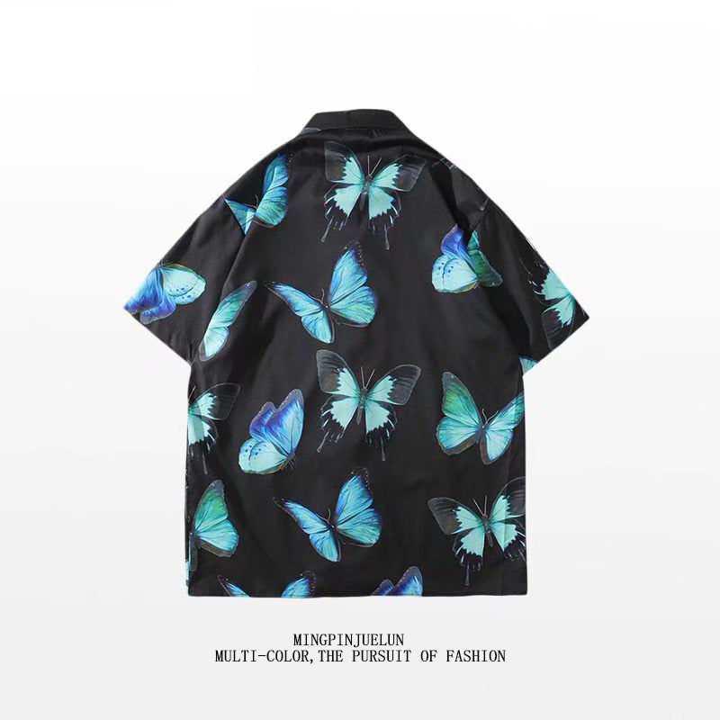 ハワイアンスタイル 青い蝶 カジュアル 半袖シャツ
