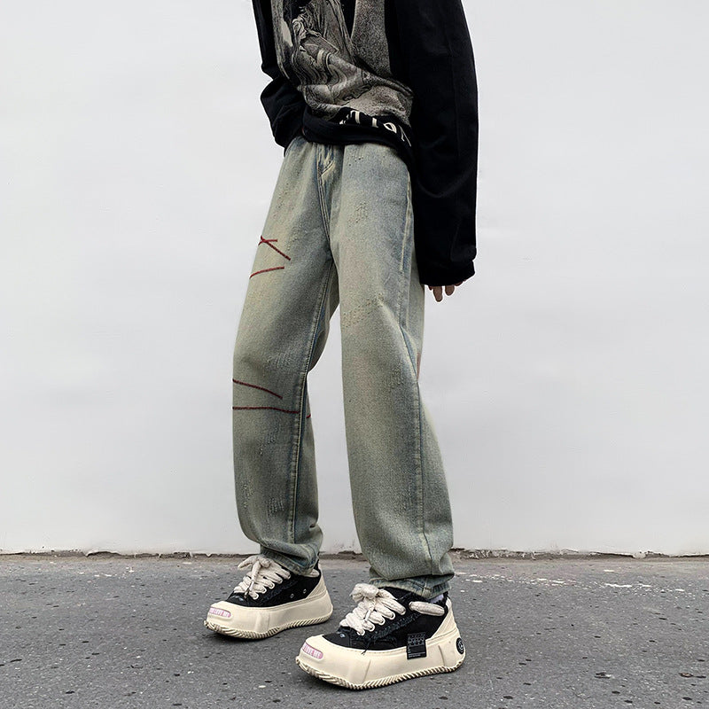 赤い糸の刺繍 ハイファッションセンス ヴィンテージスタイル ジーンズ