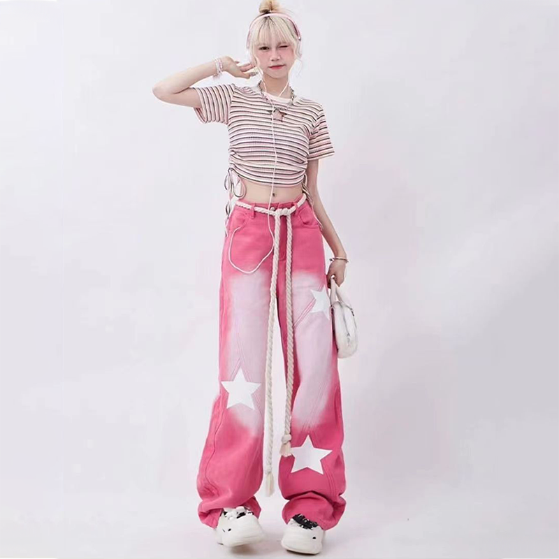 INS大人气  ハイストリートスタイル  星 ワイドパンツ  ジーンズ