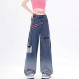 小衆の設計 レトロ 韓国ファッション ワイドパンツ ダメージデニムパンツ