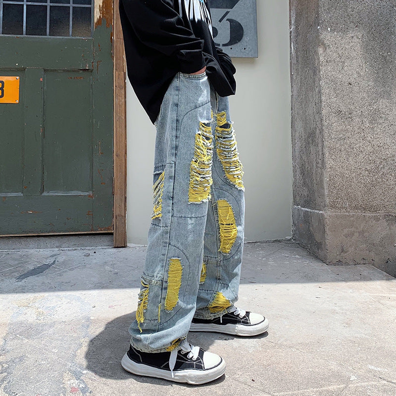 アメリカンスタイル タイドブランド ダメージデニムパンツ