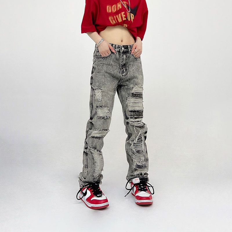 アメリカンハイストリートスタイル レトロ ダメージデニムパンツ