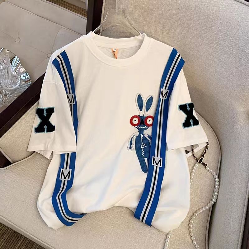 小衆の設計 に刺繍 ウサギ匹 半袖シャツ