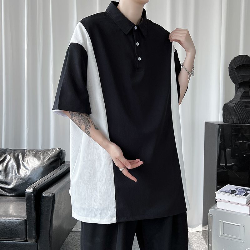 INS だるいスタイル 黒と白 韓国ファッション半袖シャツ