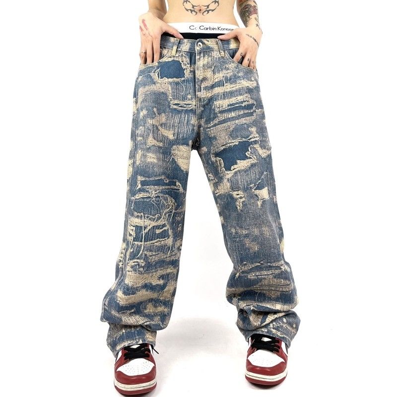 絞り染め風 アメリカンスタイル カジュアル ダメージデニムパンツ