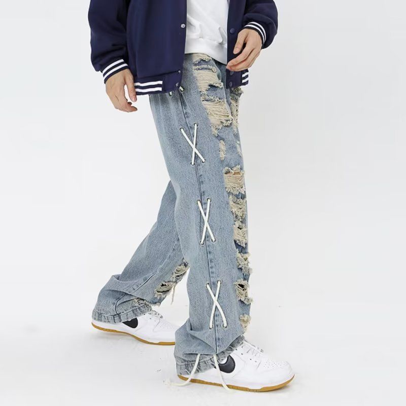欧米 ハイストリートスタイル ユニークなデザイン ダメージデニムパンツ
