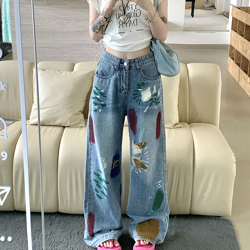 ユニークなデザイン 描きました ハイウエスト ダメージデニムパンツ