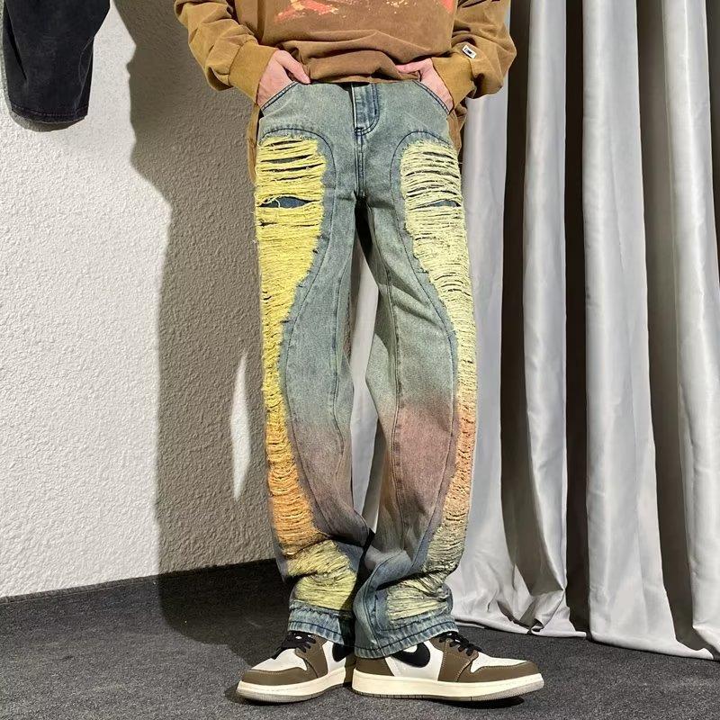 トレンドブランド コントラストカラー ユニークなデザイン ルーズフィットデザイン ダメージデニムパンツ