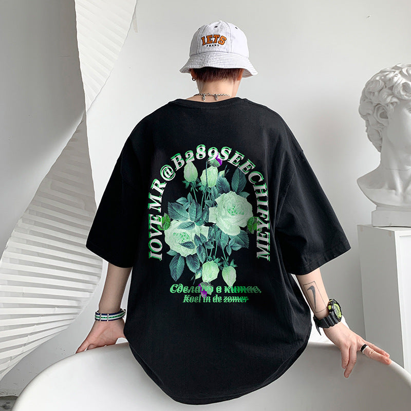 純綿 ハイストリートスタイル  薔薇 半袖シャツ