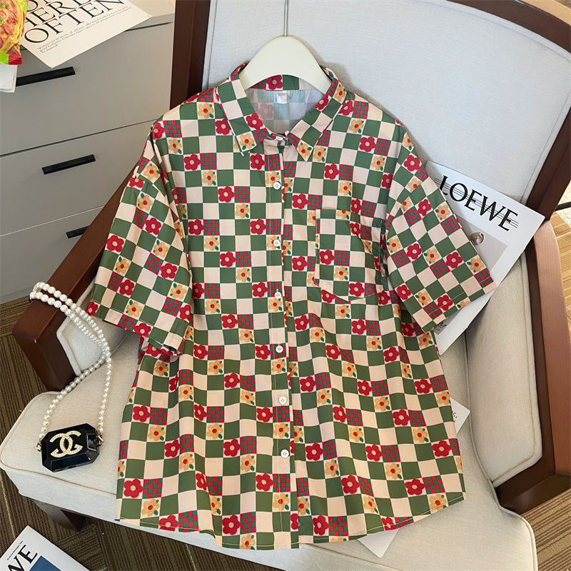 アメリカンスタイル レトロ チェック柄 小さな花 半袖シャツ