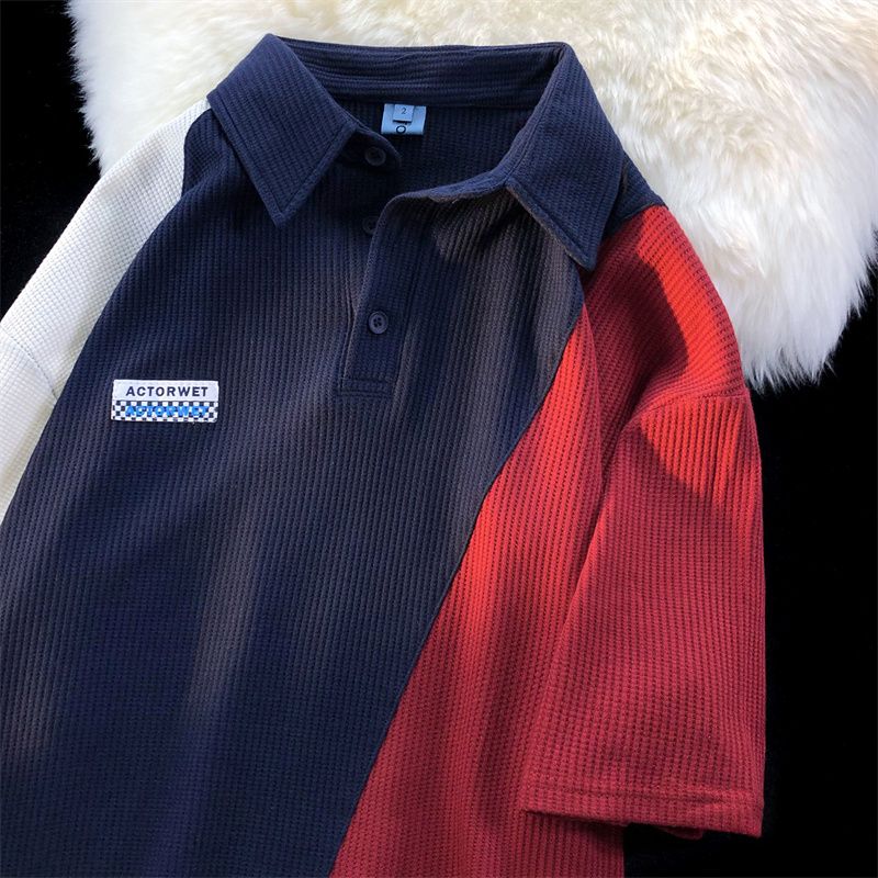 カレッジスタイルスプライシング風半袖シャツ