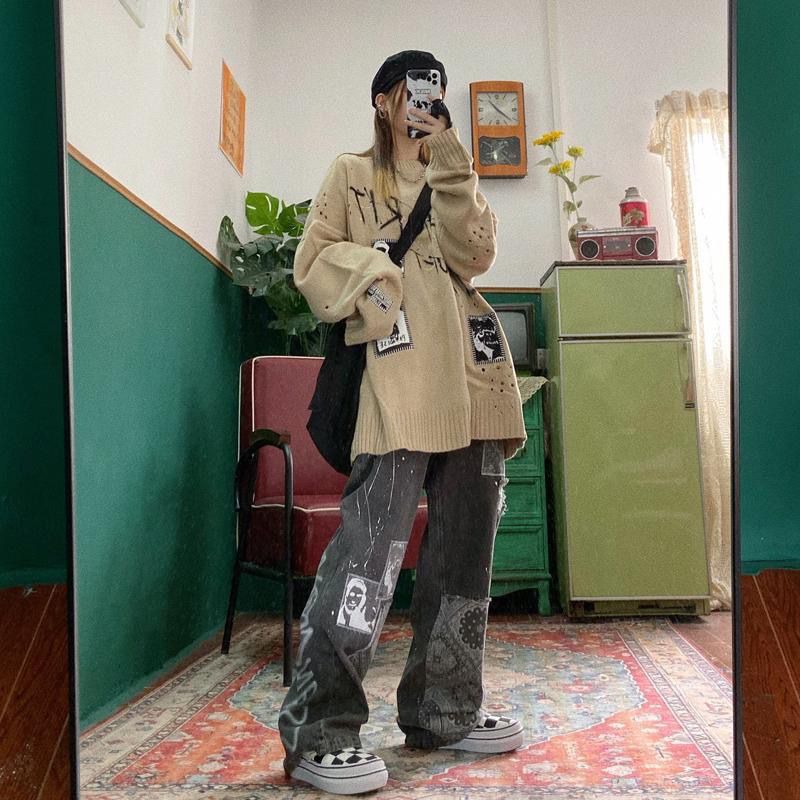 ストリートスタイル ヒップホップ風 ヴィンテージスタイル カシューナッツの花 ジーンズ