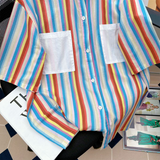 INS大人气 虹色のストライプ 半袖シャツ