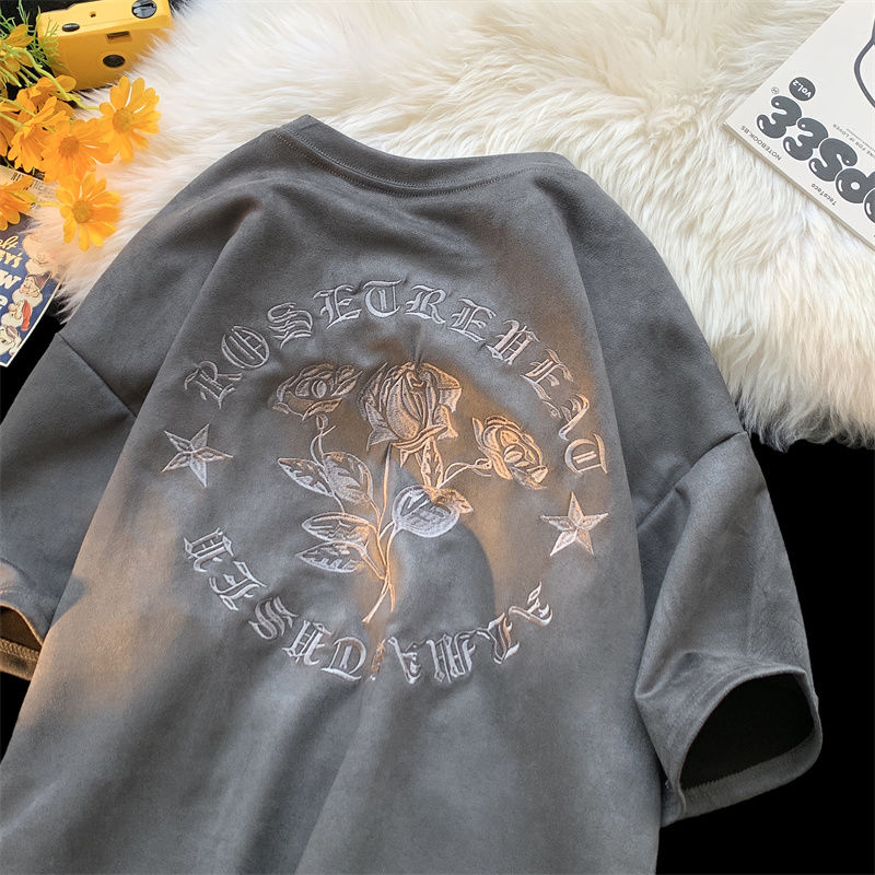 スエード 刺繍バラ カジュアル ファッション 半袖シャツ