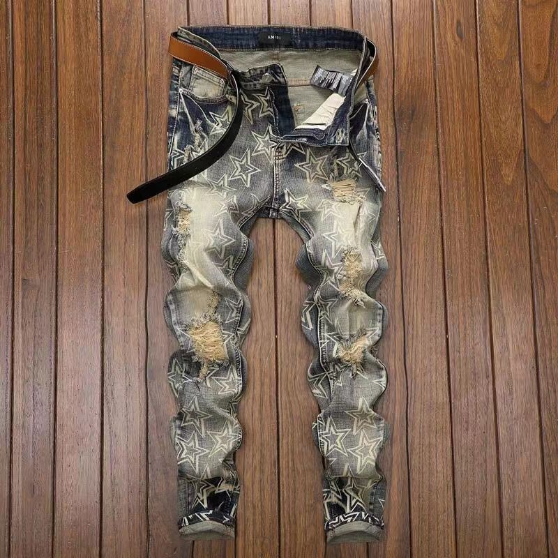 アメリカンスタイル ハイストリートスタイル 満天の星 ダメージデニムパンツ