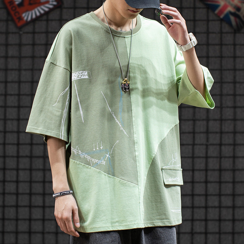 香港スタイル ヒップホップ スプライシング風 半袖シャツ Tシャツ