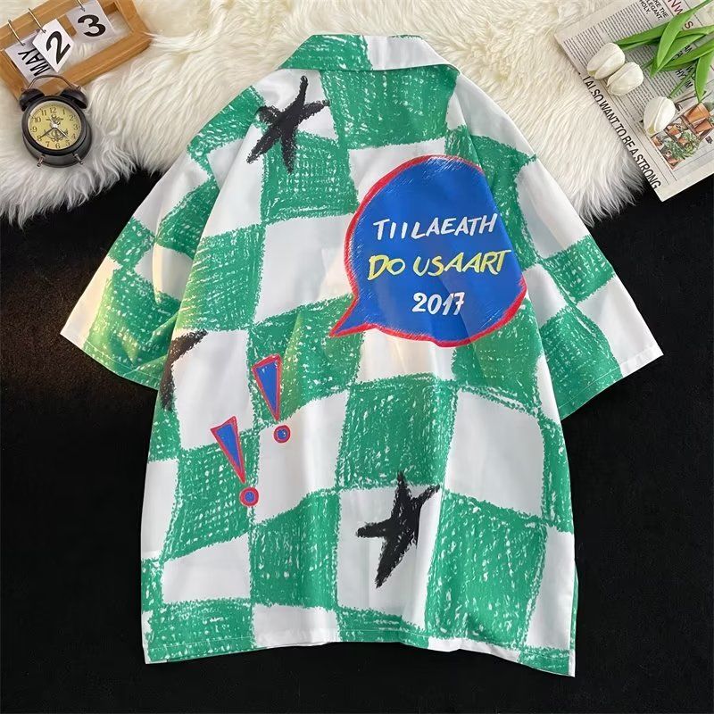 ユニークなデザイン  チェック柄 星柄  半袖シャツ