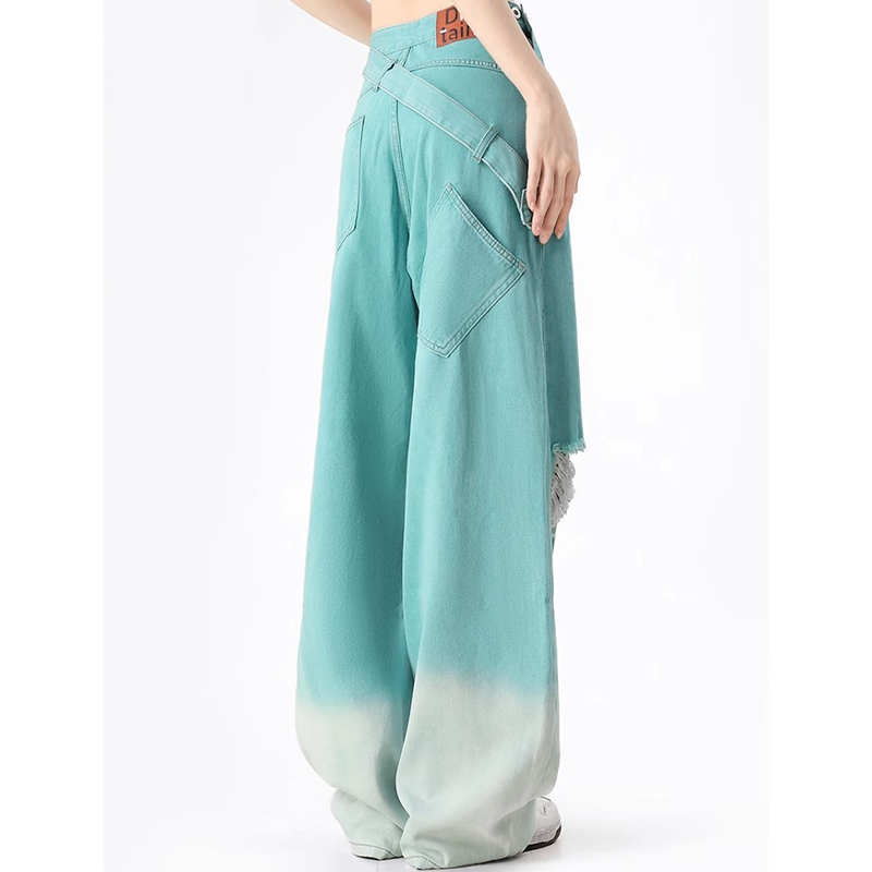 ユニークなデザイン トレンドブランド ハイウエスト ダメージデニムパンツ