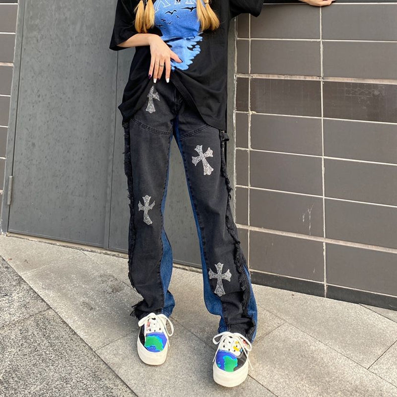 人気爆発 コントラストカラー クロス ジーンズ