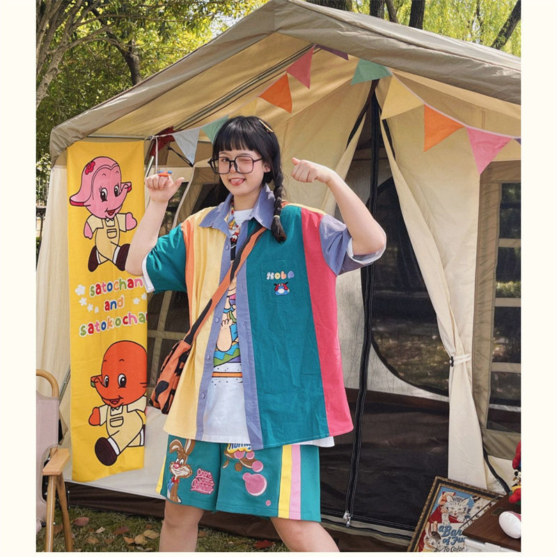 INS大人气 超かわいい コントラストカラー 半袖シャツ