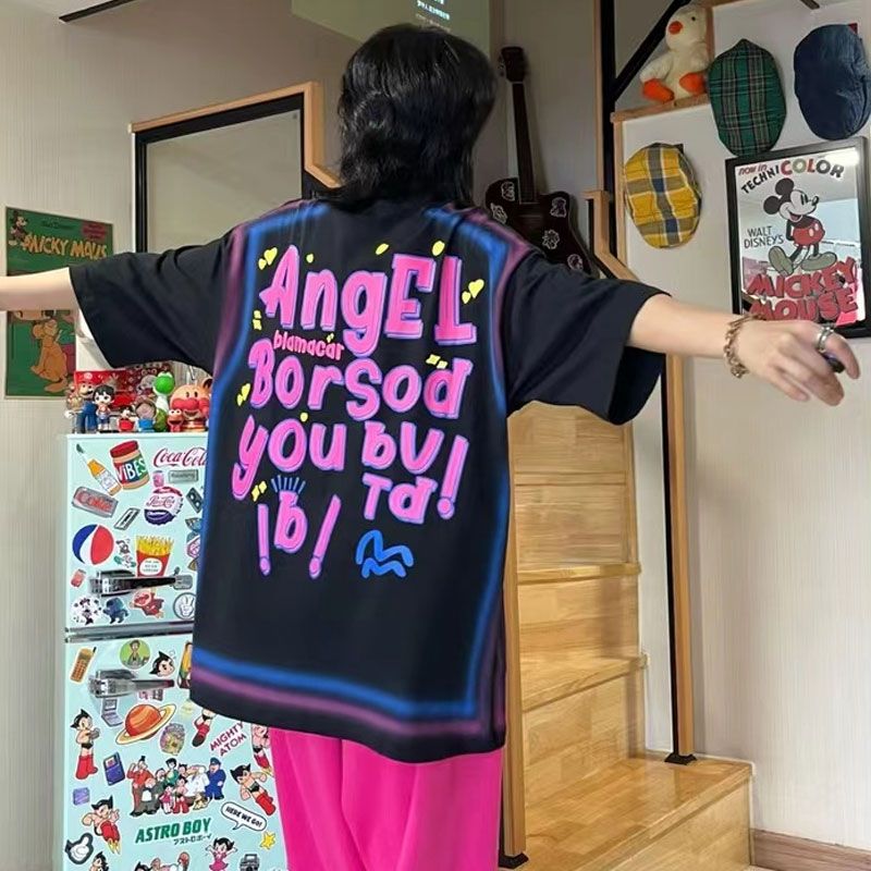 若々しい活力 コントラストカラー 英語 半袖シャツ