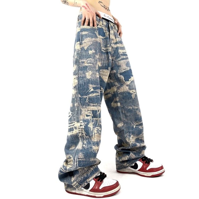 絞り染め風 アメリカンスタイル カジュアル ダメージデニムパンツ