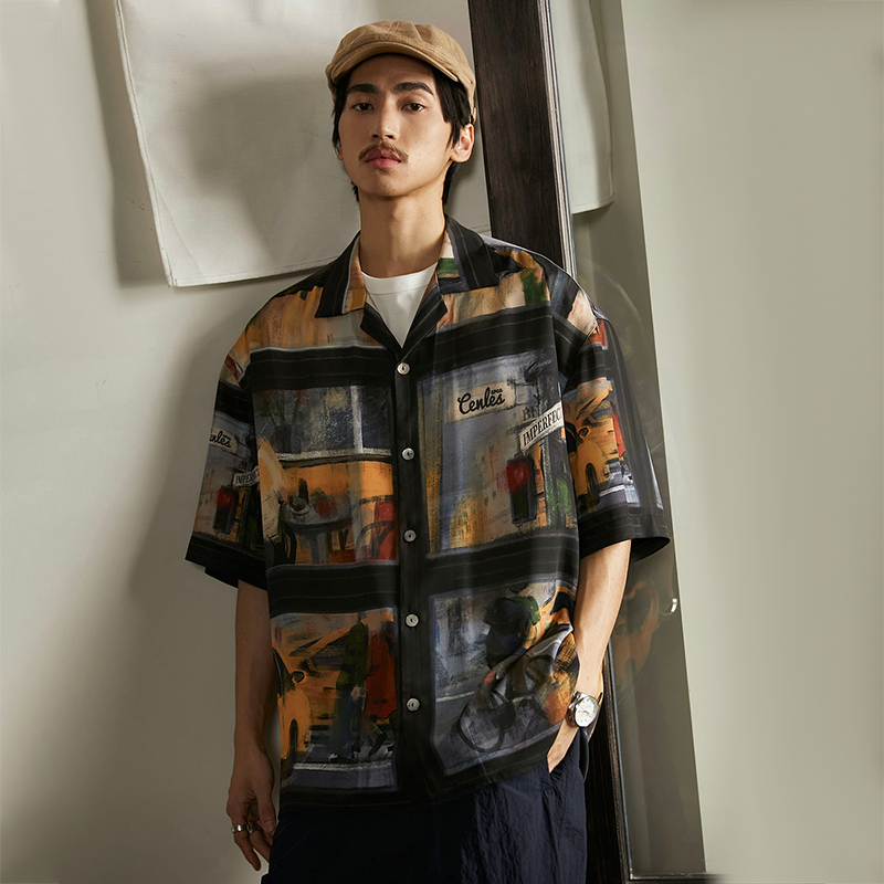 雨の日の街並みの油絵 カジュアル 半袖シャツ