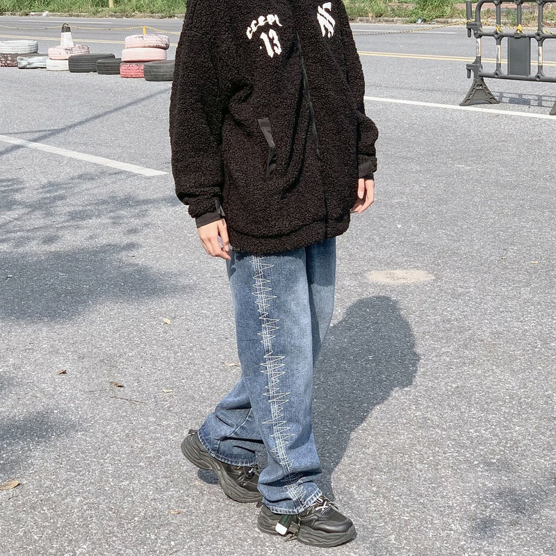 ユニークなデザイン ハイストリートスタイル 心電図 縫合 カジュアル ジーンズ