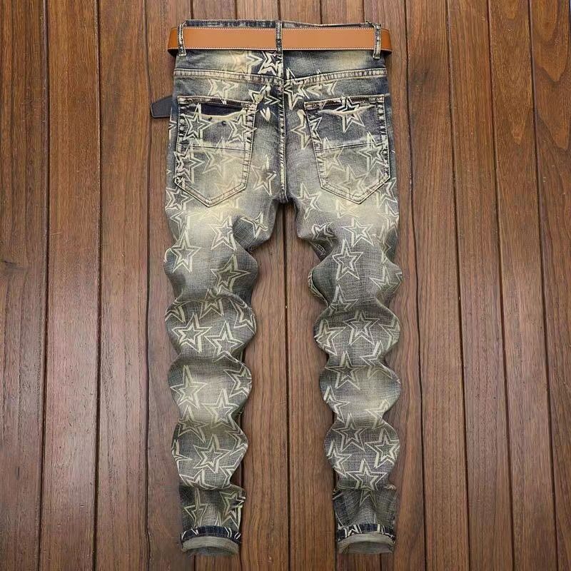 アメリカンスタイル ハイストリートスタイル 満天の星 ダメージデニムパンツ