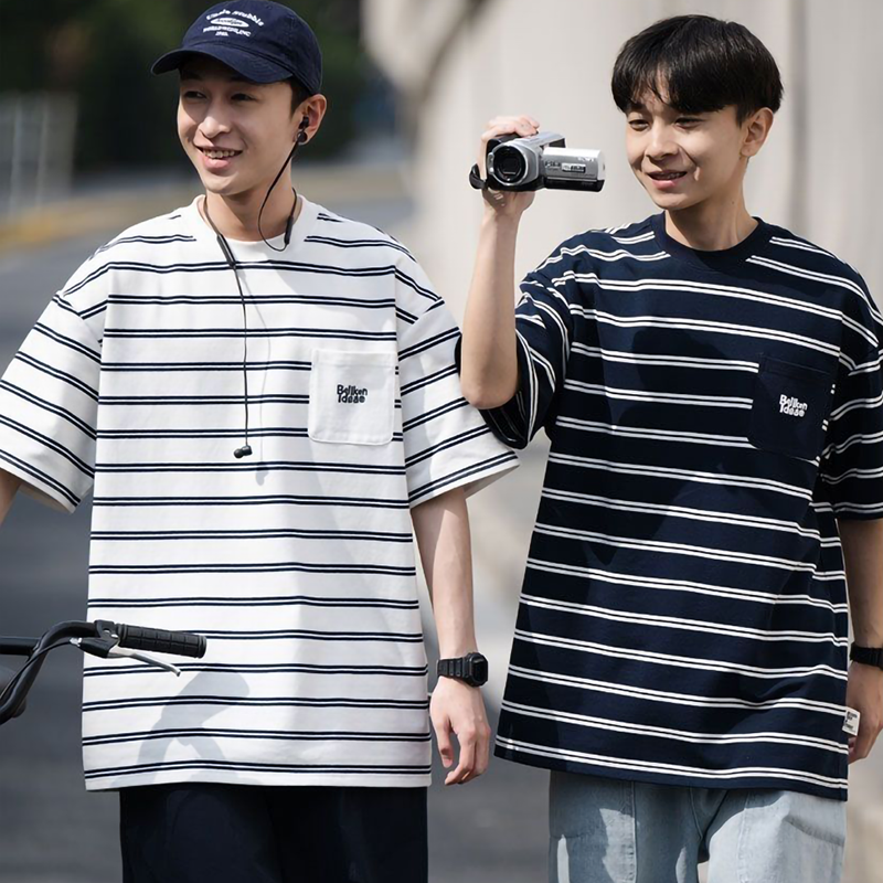 INS大人气 韓国ファッション カジュアル ボーダー柄 半袖シャツ